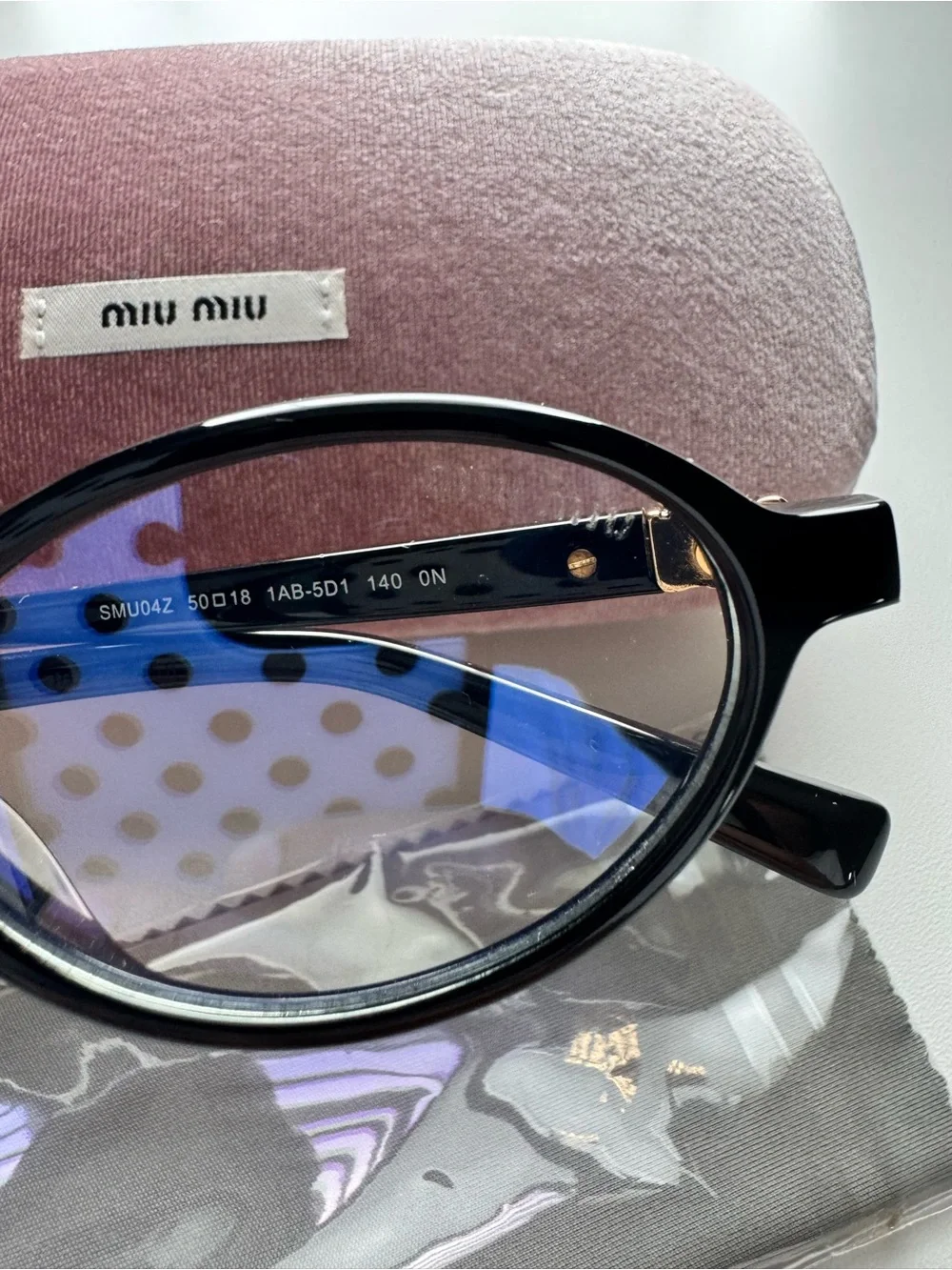 Miu Miu Black Round Acetate Glasses with Pink Velvet Case